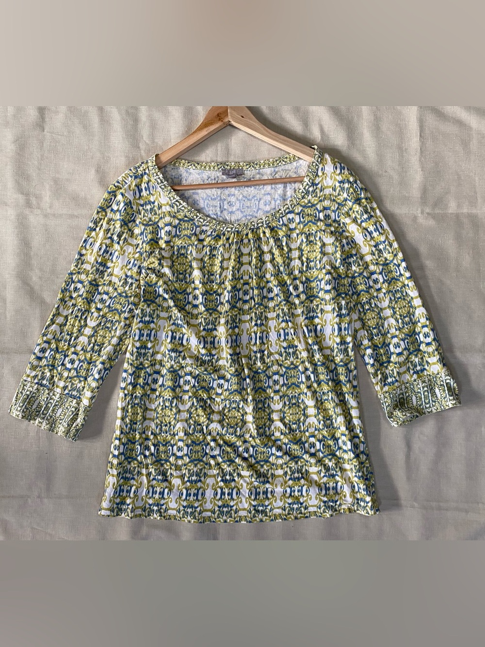 J. Jill Cotton Knit Blouse Top Large L Blue Green Geometric Medallion 3/4 Sleeve